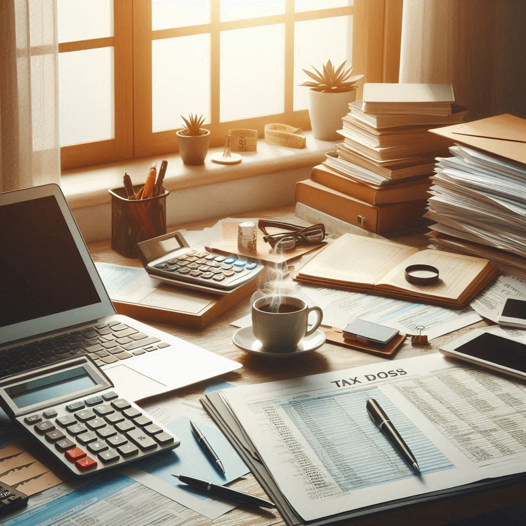 Business tax documents and forms neatly arranged on a desk Business tax documents and forms neatly arranged on a desk